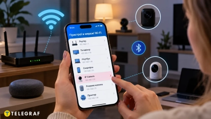 Руки держат смартфон со списком устройств Wi-Fi, рядом – роутер и изображение камер