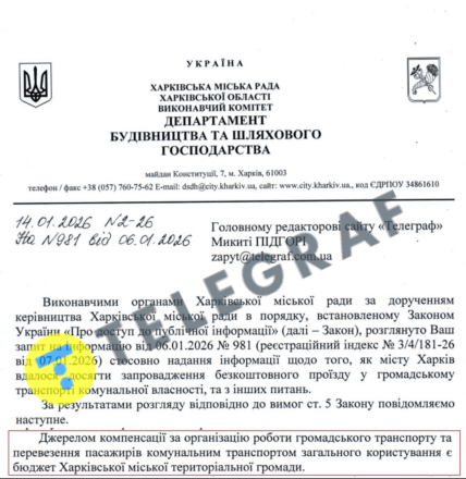Відповідь Харківської міської ради на запит "Телеграфа"