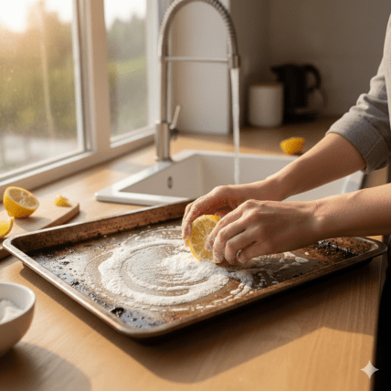 как помыть противень, мытье посуды, лайфхак с лимоном