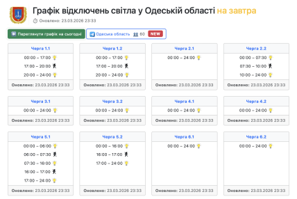 Графики отключений в Одесской области 24 марта