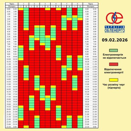 График отключения света в Чернигове и области 09.02.2026