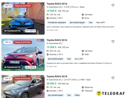 Три оголошення про продаж Toyota RAV4 із фотографіями синього, червоного та сірого автомобілів