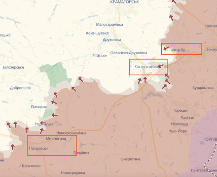 Костянтинівка, Часів Яр, Покровськ, Мирноград на карті