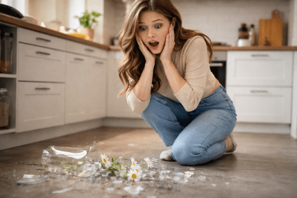 Дівчина розбила скляну вазу