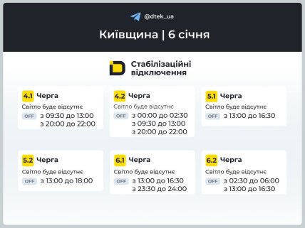 Графики отключений в Киевской области 6 января