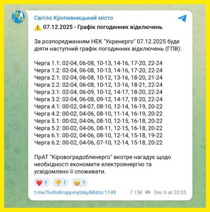 Графики отключений в Кировоградской области 7 декабря