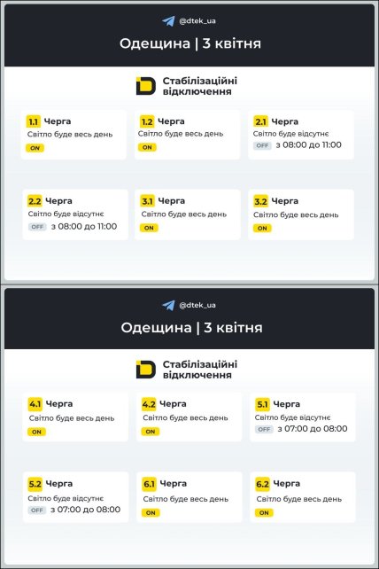 Графік відключення світла в Одеській області 03.04.2026