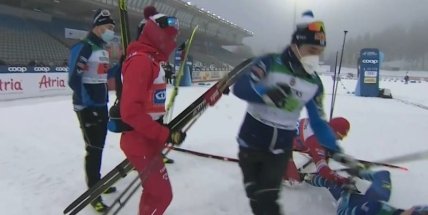 Российский лыжник ударил соперника палкой, а затем снес целую сборную