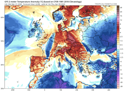 Карта температур в Европе в первой декаде апреля