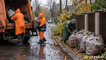 Коммунальщики собирают опавшие листья в пакеты возле частных домов
