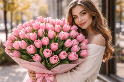 Девушка с букетом тюльпанов.