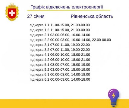 Графіки відключень у Рівненській області 27 січня
