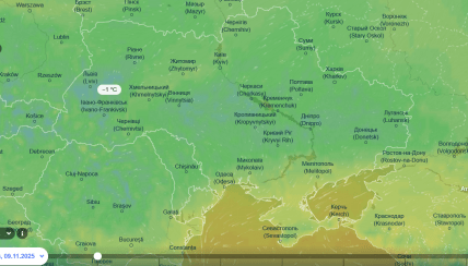 Погода в Україні 9 листопада за Ventusky, карта