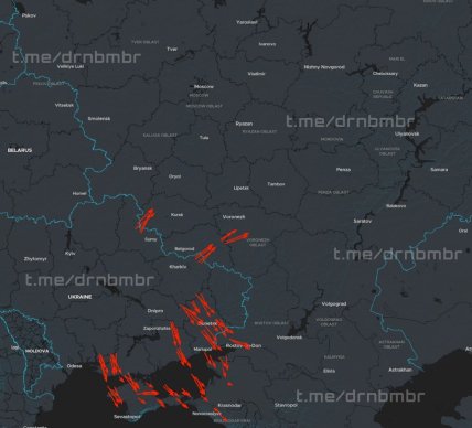 Направление движения дронов, которые летят атаковать Россию и оккупированные территории на карте