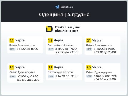 График отключений в Одесской области 4 декабря