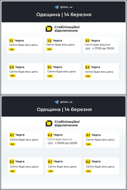 Графік відключення світла в Одесі та області 14.03.2026