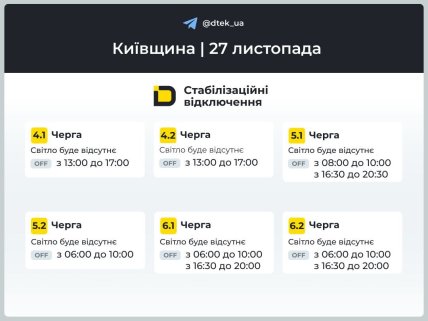 Графики отключений в Киевской области 27 ноября