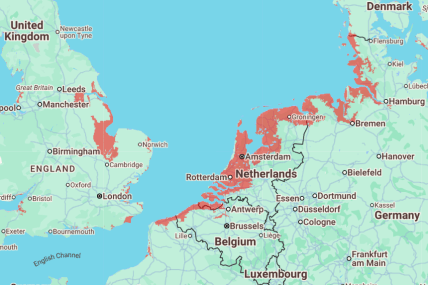 Европейские побережья, рискующие быть затопленными при поднятии уровня моря на 1 метр
