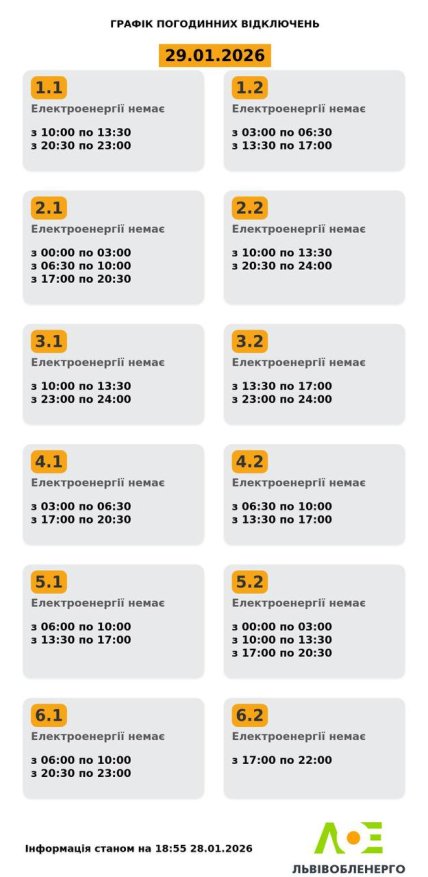 Графики отключений во Львовской области 29 января
