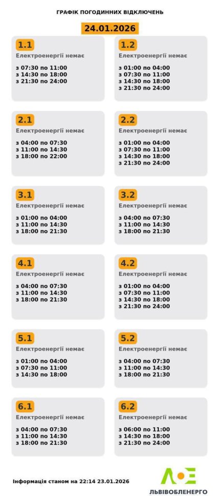 График отключения света во Львовской области 24.01.2026