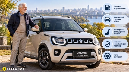 Седой мужчина стоит возле белого Suzuki Ignis 1.2 Dualjet Hybrid, справа размещены пиктограммы с преимуществами автомобиля