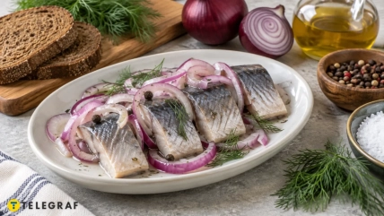 Филе сельди с кольцами красного лука и укропом на белой тарелке
