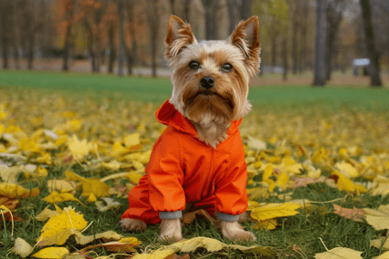 Йоркширский терьер в оранжевом комбинезоне