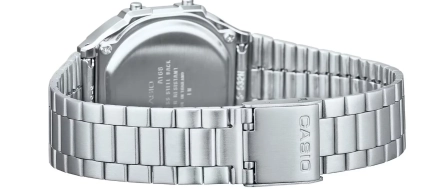 Наручний годинник Casio зі сріблястим металевим браслетом, показаний зі зворотного боку