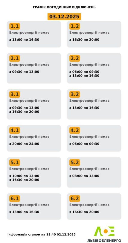 Графики отключений во Львовской области 3 декабря