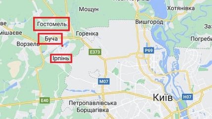 Буча, Ірпінь, Гостомель на карті