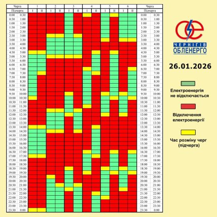 Графік відключення світла у Чернігові та області 26.01.2026