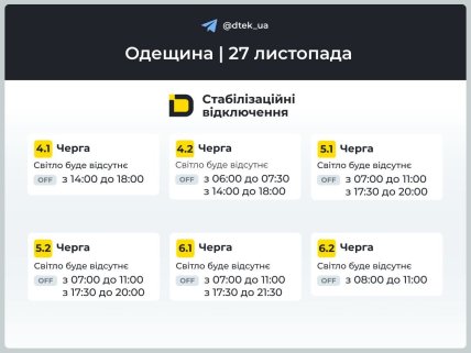 Графики отключения света в Одесской области 27 ноября