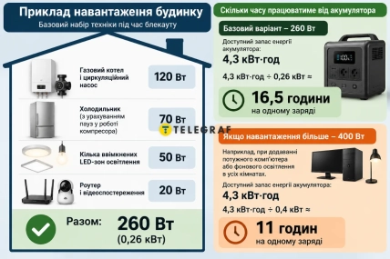 Інфографіка з переліком побутових приладів і розрахунком часу роботи акумулятора за навантаження 260 і 400 Вт