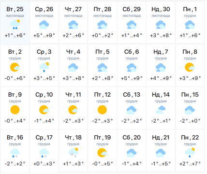 Погода во Львове до 22 декабря 2025 года
