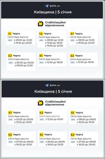 Графіки відключення світла у Київській області 5 січня