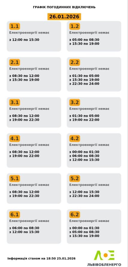 Графік відключення світла у Львівській області 26.01.2026