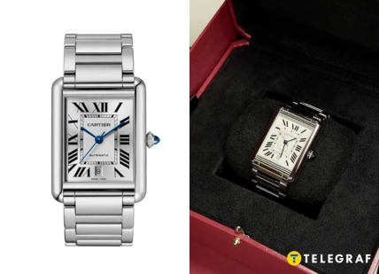 Стальные прямоугольные часы Cartier с римскими цифрами на циферблате и в коробке