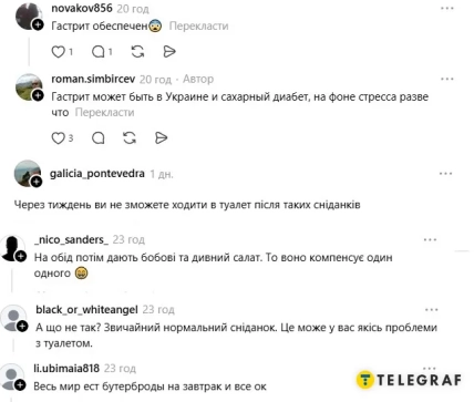 Комментарии с опасениями по поводу пищеварения и ответами в поддержку завтрака с бутербродами