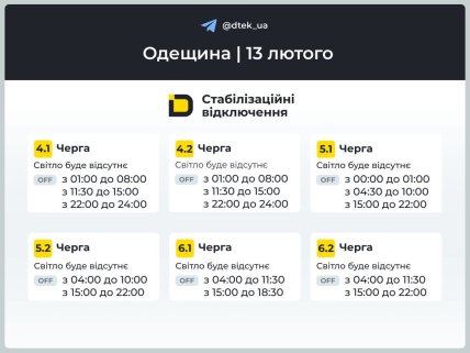 Графики отключений в Одесской области 13 февраля