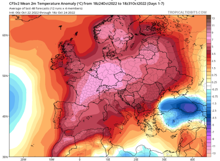Прогноз аномалії приземної температури повітря на період з 24 по 31 жовтня 2022 р. у Європі за даними чисельної моделі CFSv2.