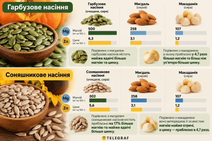 Сколько цинка и магния содержится в семечках и орехах. Инфографика: ИИ "Телеграф"
