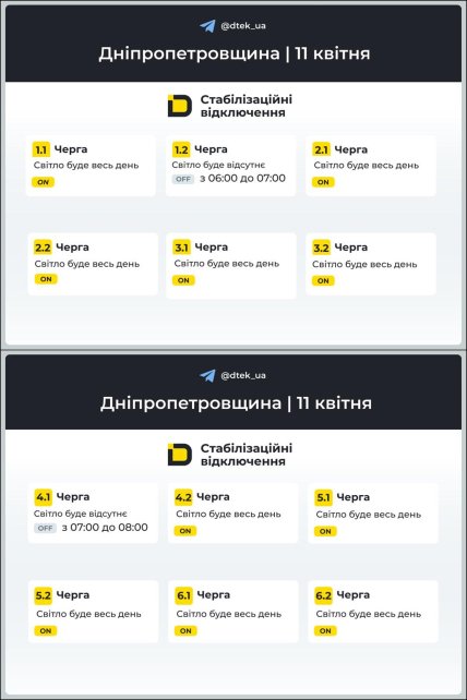 Графік відключення світла у Дніпропетровській області 11.04.2026