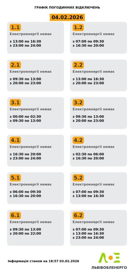 Графіки відключень у Львівській області 4 лютого