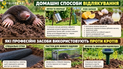 Крот, банки и бутылка на колышках, лимон, чеснок, рыба, шерсть, сетка, ловушка и отпугиватель