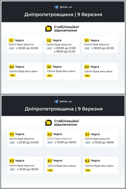 График отключения света в Днепропетровской области 09.03.2026
