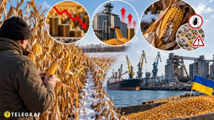 Мужчина осматривает початок кукурузы на заснеженном поле, рядом изображены зерновой терминал, порт и кукуруза