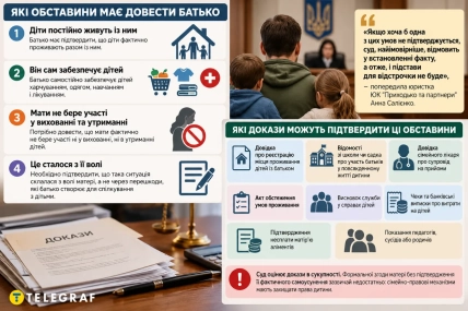Инфографика об обстоятельствах и доказательствах для суда: отец с детьми перед судьей и документы с надписью "Доказательства"
