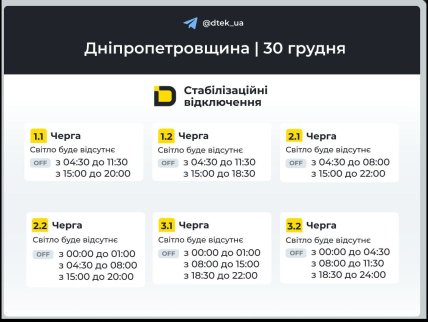 Графики отключений в Днепропетровской области 30 декабря