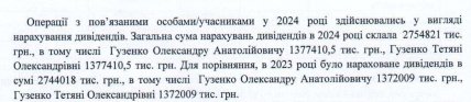 Начисление дивидендов компанией "Надра-Геоинвест" в 2023 и 2024 годах. Скриншот финотчета компании за 2024 год