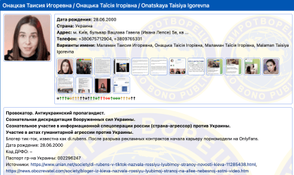 Таїсія Маламан у базі "Миротворець"